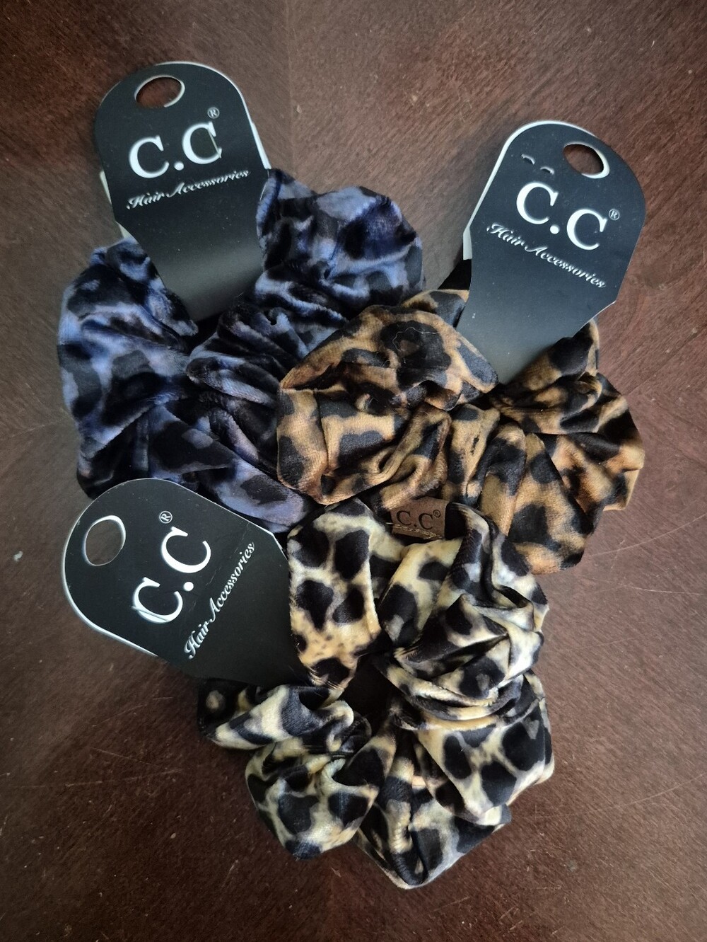 C.C Leopard Velvet Scrunchies Trio in Blue, Brown, and Cream
